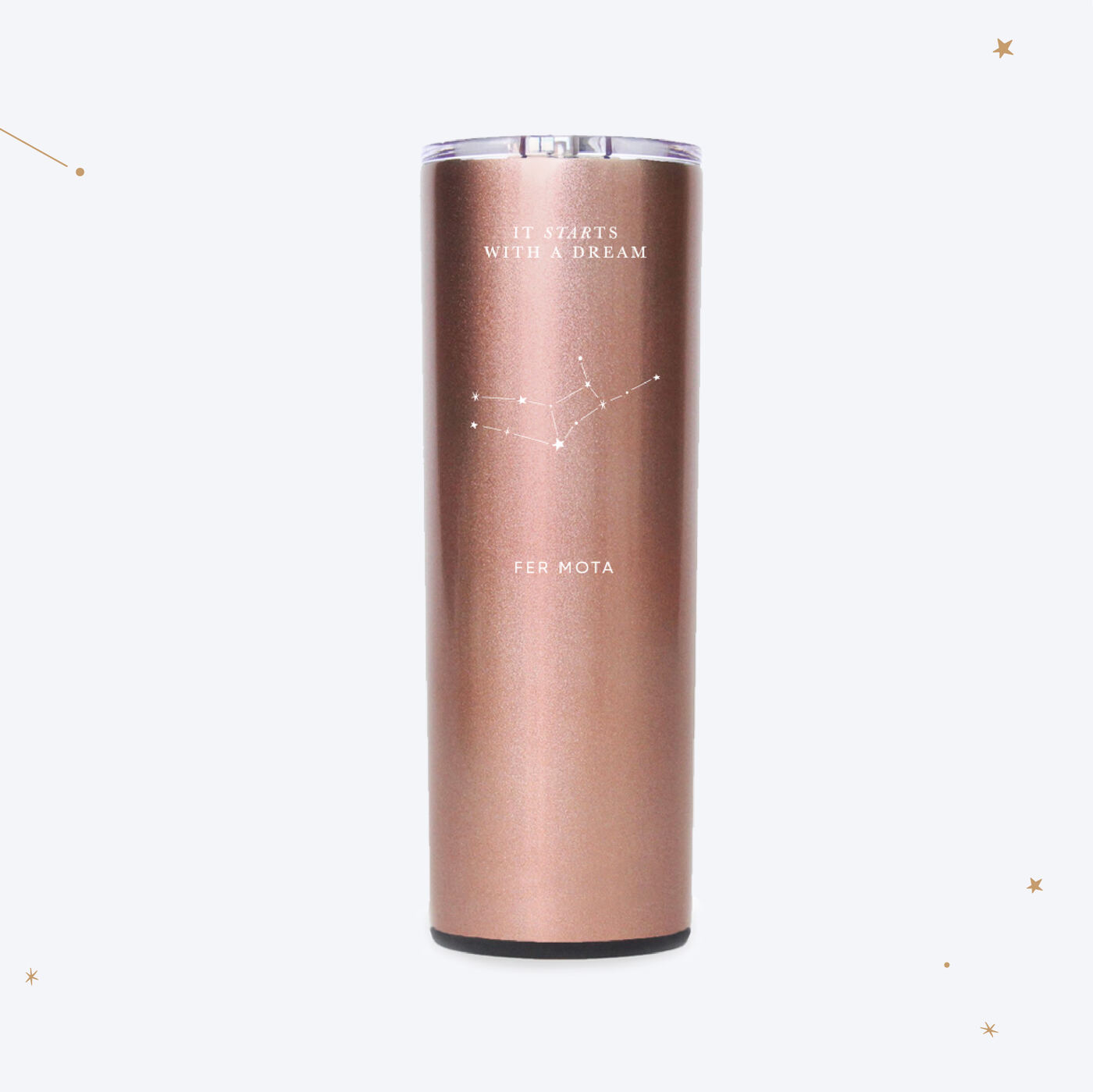 Termo rosa metálico personalizado con constelación y nombre