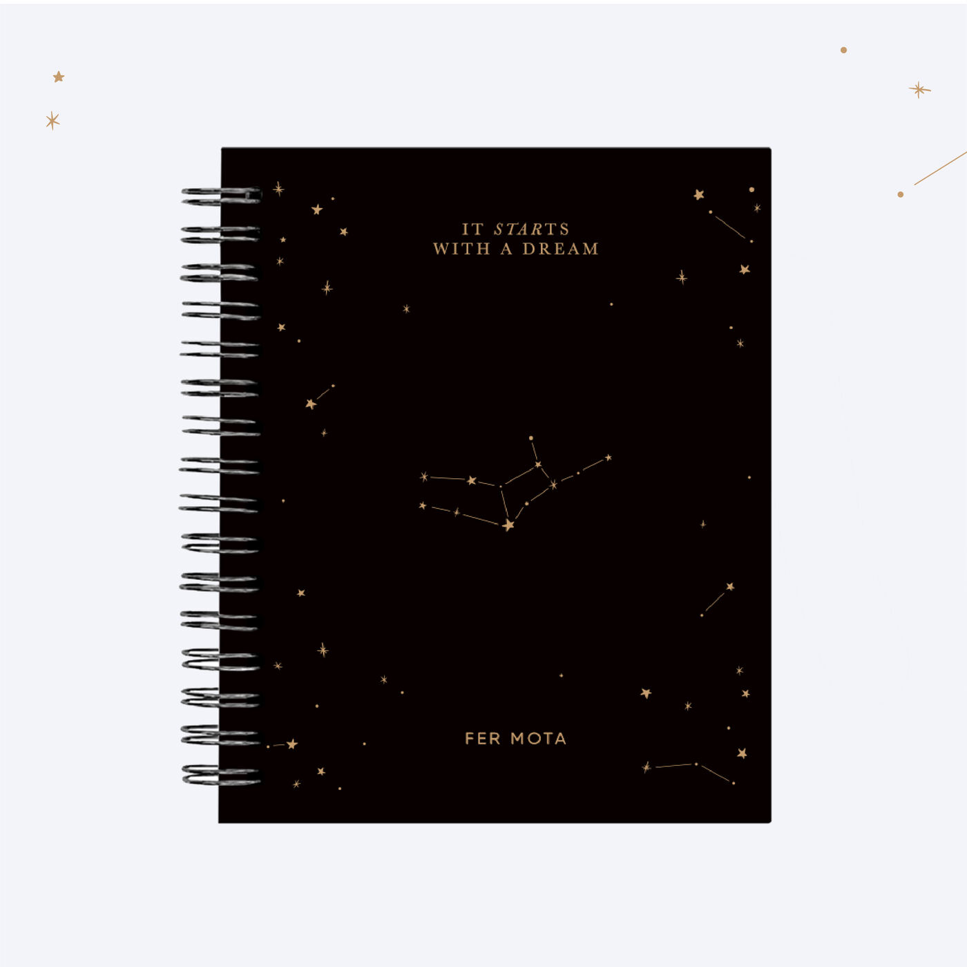 Libreta de espiral negra con constelación dorada y nombre Fer Mota