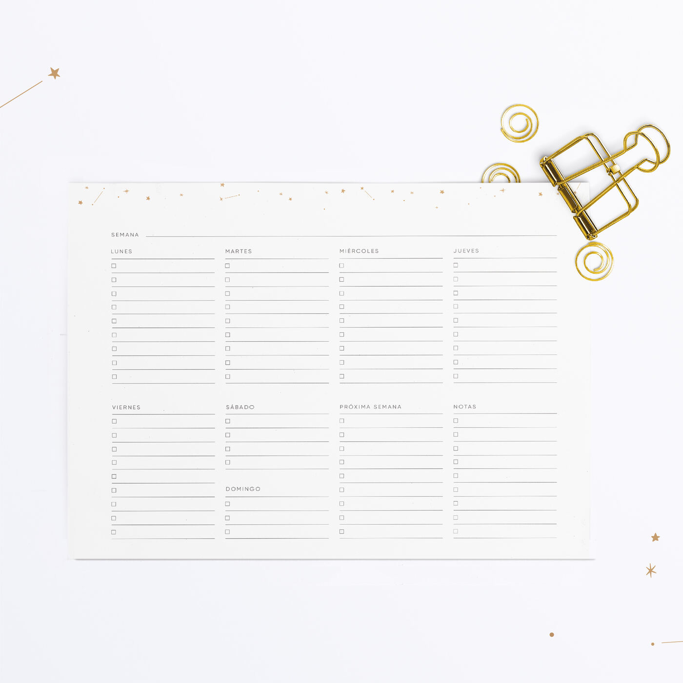 Planner semanal con clips dorados